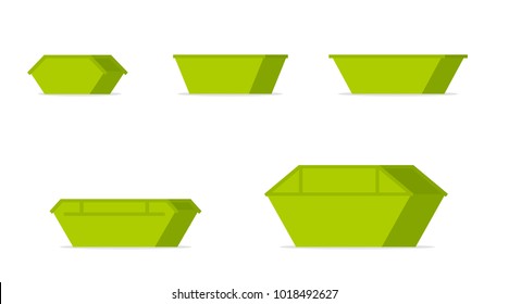 Green waste skip bin icon set. Vector image isolated on white background