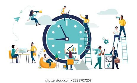 Green watch, on which a group of business people plan their business for the year. Business concept, businessman. Team work self-employed. Active recreation, work, Qr code iPhone. Vector illustration