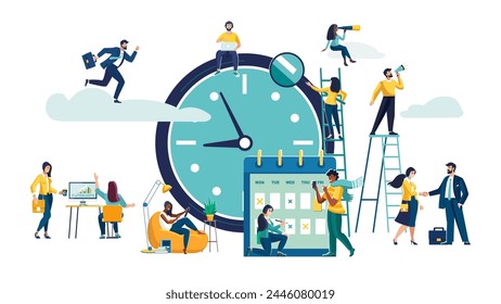 Green watch, on which a group of business people plan their business for the year. Business concept, businessman. Team work self-employed. Active recreation, work, Qr code iPhone. Vector illustration
