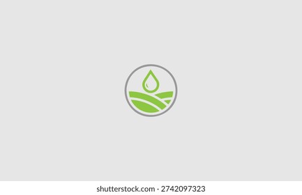 Green water drop falling on stylized agricultural fields, enclosed in a circular emblem, perfectly illustrates sustainable farming, ecological balance, and natural resource conservation as a modern vector graphic design for environmental and agricultural businesses.