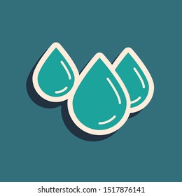 Green Water drop icon isolated on blue background. Long shadow style. Vector Illustration