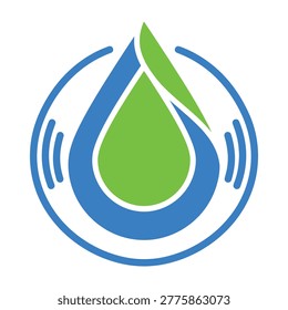 A green water drop inside a blue circle on white background, symbolizing eco-friendliness and conservation