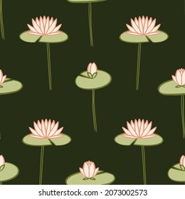 Green water lily pattern. Botanical flowers background print illustrations. Beautiful floral vector illustrations. Surface pattern design, great for clothing and home decor.