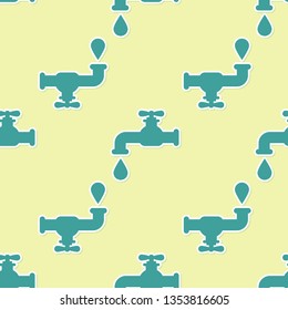 Green Water tap with a falling water drop icon isolated seamless pattern on yellow background. Flat design. Vector Illustration