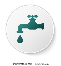 Green Water tap with a falling water drop icon isolated on white background. Green circle button. Vector Illustration