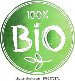 green watercolor 100 percent Bio label or stamp, round vector illustration