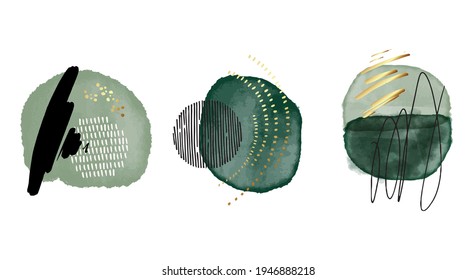 Green watercolor acrylic ink emerald shapes, contrast geometric print with gold elements. Minimalist graphic canvas, vector 