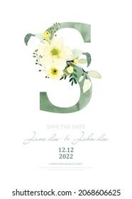 Green watercolor of alphabet S decorated with yellow bouquet. Watercolor hand-painted with floral and leaves design on a letter S. Suitable for wedding cards design, invitations, or greeting.