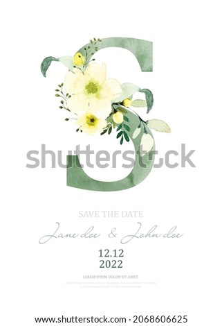 Similar – Image, Stock Photo Watercolor green letter I with dried leaves and tropical flowers bouquet, Boho illustration