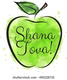 Green watercolor apple with greetings for jewish holiday Rosh Hashanah