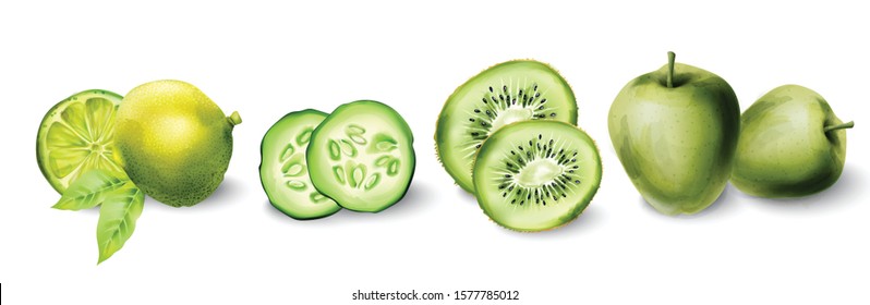 Green watercolor apple, kiwi, lime and cucumber. Be Healthy food vector