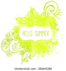 Green watercolor background with abstract vector wavy doodles and frame with text hello summer.