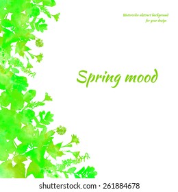 Green watercolor background frame from leaves and flowers with place for text