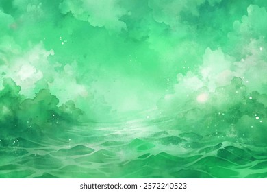 Green watercolor background, soft clouds, tranquil ocean waves, serene atmosphere, nature-inspired design, calming visuals.