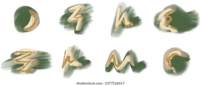 Green watercolor brush stroke splashes with glitter texture