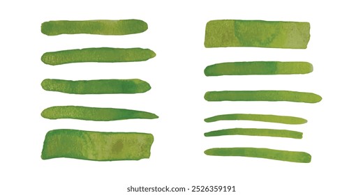 Green watercolor brush strokes. Abstract grunge color paint textures. Banner art collection. Multicolored aquarelle stains border template.