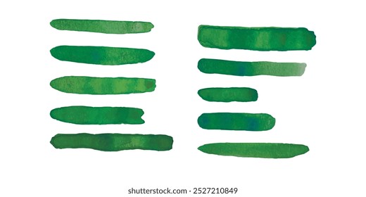 Green watercolor brush strokes. Abstract grunge color paint textures. Banner art collection. Multicolored aquarelle stains border template.