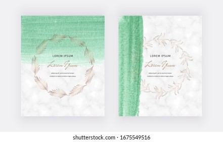 Green watercolor cards with golden wreath. Trendy marble templates for wedding invitation, banner, flyer, poster, greeting.
