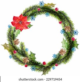 Green watercolor christmas wreath with decorations  over white, Vector