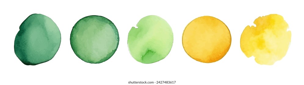 Green watercolor circle stain paint brush. Grunge green watercolor texture blob label ink round vector background