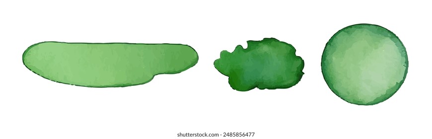 Green watercolor circle stain paint brush. Grunge green watercolor texture blob label ink round vector background