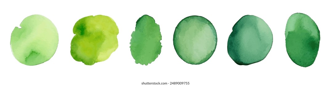 Green watercolor circle stain paint brush. Grunge green watercolor texture blob label ink round vector background