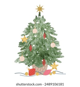 Green watercolor decorative christmas tree with hanging bauble vector illustration.