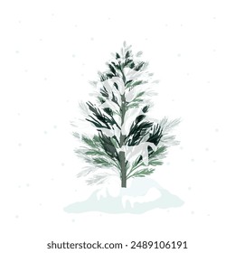 Green watercolor decorative christmas tree with snow vector illustration.