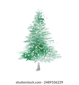 Green watercolor decorative christmas tree with snow vector illustration.