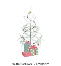 Green watercolor decorative christmas tree with star gold foil and gift vector illustration.