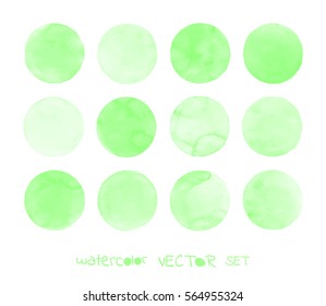 Green watercolor design elements isolated on white background. Light green painted vector stains set.  Green vector isolated watercolor paint circle