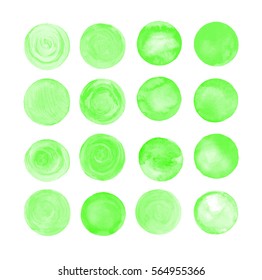 Green watercolor design elements isolated on white background. Light green painted vector stains set.  Green vector isolated watercolor paint circle
