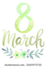 Green watercolor design, March 8 celebration, floral elements, feminine style, international women's day.