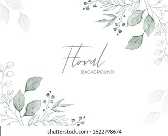 Green Watercolor Effect Flower Buds and Leaves Decorated White Floral Background.