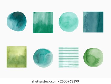 Green watercolor elements, watercolor circles and squares, handmade. Shades of green. Collection, watercolor set.