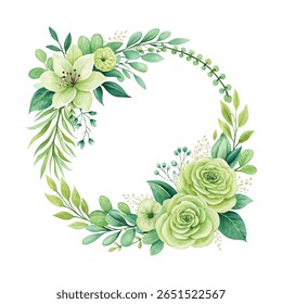 Groene aquarel bloemige krans frame met bladeren en takken in cirkelvormige vorm perfect voor bruiloft decoraties uitnodigingen kaarten en botanische thema projecten
