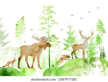 Green watercolor forest with animals. hand drawing. Not AI, Vector illustration.