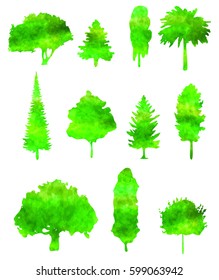 Green Watercolor  Forest Trees Silhouettes - vector illustration