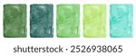 Green watercolor hand drawn backgrounds vector set, collection. Mint grass dark light teal pine green. Aqua, sea foam color watercolour texture with aquarelle stains. Painted rectangle eco templates.