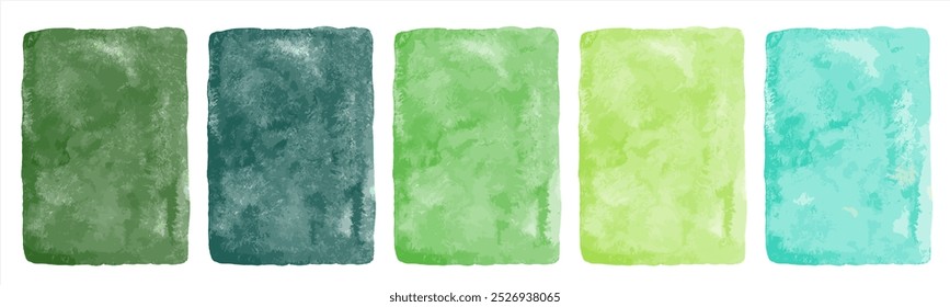 Green watercolor hand drawn backgrounds vector set, collection. Mint grass dark light teal pine green. Aqua, sea foam color watercolour texture with aquarelle stains. Painted rectangle eco templates.