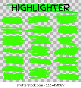 Green watercolor hand drawn highlight set Green Highlighter Marker Strokes. Vector brush pen underline lines. Vector illustration EPS10