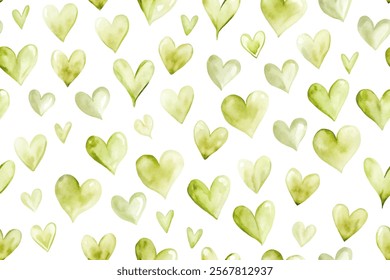 Green watercolor hearts, soft pastel colors, seamless pattern design, romantic and whimsical style, perfect for backgrounds.