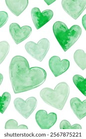 Green watercolor hearts, soft pastel tones, seamless pattern design, ideal for backgrounds, romantic themes, and stationery.