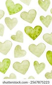 Green watercolor hearts, soft pastel colors, romantic design, seamless pattern, decorative background, love theme.