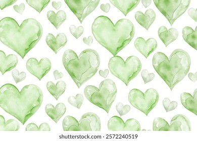 Green watercolor hearts, soft pastel design, romantic pattern, decorative background, nature-inspired art.