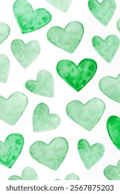 Green watercolor hearts, soft texture, seamless pattern, romantic design, nature-inspired, perfect for backgrounds.