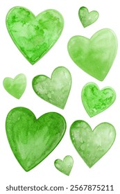 Green watercolor hearts, soft textures, romantic design, artistic elements, perfect for love themes, greeting cards.