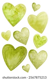 Green watercolor hearts, soft textures, romantic design, nature-inspired elements, perfect for Valentine's Day, love themes.