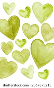 Green watercolor hearts, soft textures, romantic design, artistic background, nature-inspired elements, perfect for cards.