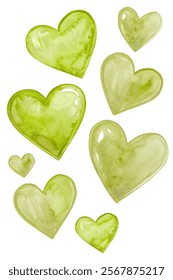 Green watercolor hearts, soft textures, romantic design, artistic elements, love theme, decorative accents, vibrant colors.